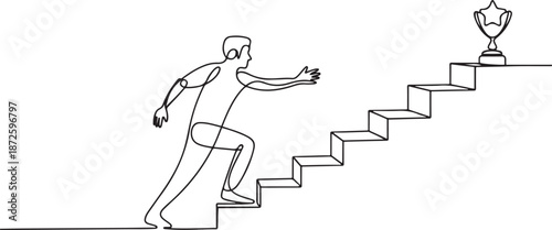 Continuous one line drawing man climbing up stairs to reach his goal on the top. one line Art icon drawing vector
