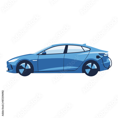 Modern blue electric car illustration on white background.