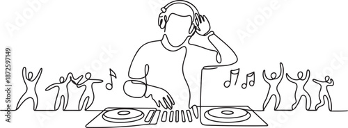 The DJ creates cool music that people dance to. World Techno Day. one line Art icon drawing vector