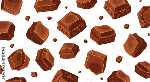 Seamless repeating pattern of delicious brown chocolate chunks and pieces, creating a sweet and tasty background for dessert-themed designs and packaging.