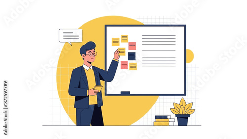 Man presenting ideas on whiteboard with sticky notes and speech bubble