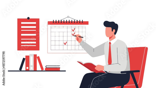 Man planning schedule on calendar and checklist, business productivity concept