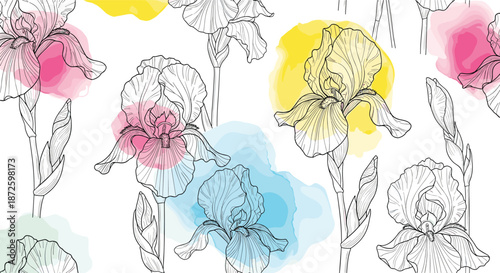 Modern and artistic seamless pattern featuring delicate line art iris flowers combined with vibrant abstract watercolor splashes in pink, yellow, and blue.