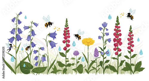 Vibrant and magical summer meadow scene with bluebells, foxgloves, flying bees, and a tiny fairy playing among rainbow-colored water droplets.