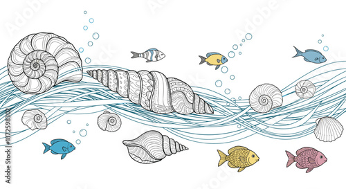 Seamless nautical border design with hand-drawn seashells and colorful fish swimming among stylized blue waves and bubbles on a white background.