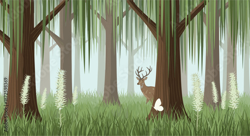 Serene and misty forest scene with a gentle deer peeking from behind a tree, surrounded by weeping willows, lush grass, and a delicate butterfly.