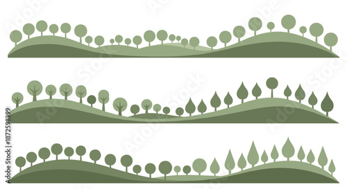Set of three simple, stylized green landscapes with rolling hills and various types of minimalist trees, creating clean nature banners or dividers.