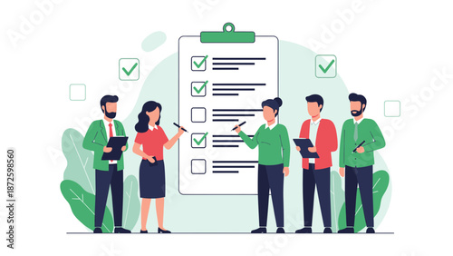 Teamwork Checklist Meeting: Business People Reviewing Tasks on a Giant Clipboard