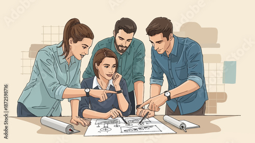Teamwork and Collaboration: Diverse professionals planning a project on blueprints.