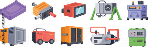 Industrial power generator equipment icons illustration set showing portable standby electricity machines for construction emergency backup energy systems