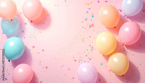 Pastel balloons and confetti. Colorful carnival decorations. Pink background with balloons and sprinkles. Birthday party theme. Vector illustration for celebration and festivity. Fun and