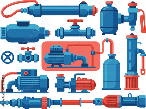 Industrial pump and valve equipment illustration featuring motors pipes compressors fluid control systems mechanical engineering vector set