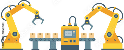 Industrial robotic arms automation vector illustration with conveyor belt packaging boxes production line for smart factory manufacturing technology process