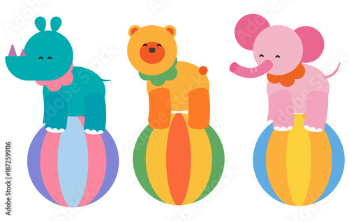 ボールの上に座っているかわいい動物たちのイラスト