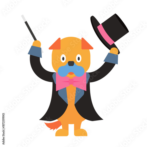 ステッキを持ったかわいいマジシャンの犬のイラスト