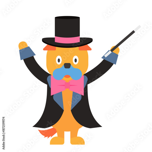 ステッキを振るかわいいマジシャンの犬のイラスト