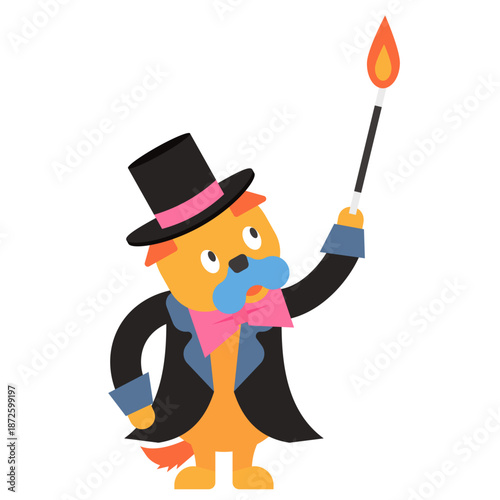 炎を出すかわいいマジシャンの犬のイラスト