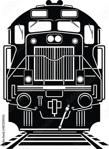 Front view vector illustration of a heavy freight diesel locomotive train engine on railroad tracks isolated on white background, powerful industrial transport silhouette.