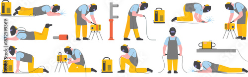 Industrial welders performing metal arc welding tasks in various working positions using safety equipment flat vector illustration set