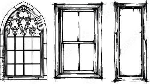 Gothic arched window, vintage sash frame, minimalist tall pane, architectural styles comparison, hand-drawn sketch, historical design elements, vector illustration, isolated