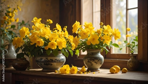 Yellow Flowers in Vases by Window - A Still Life.