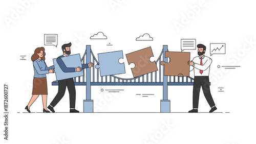 Teamwork building bridge with puzzle pieces, business concept illustration