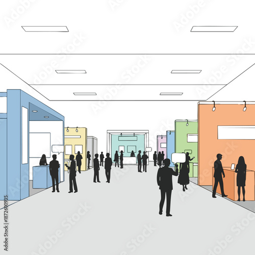 Crowded Exhibition Hall with Colorful Booths and Visitors