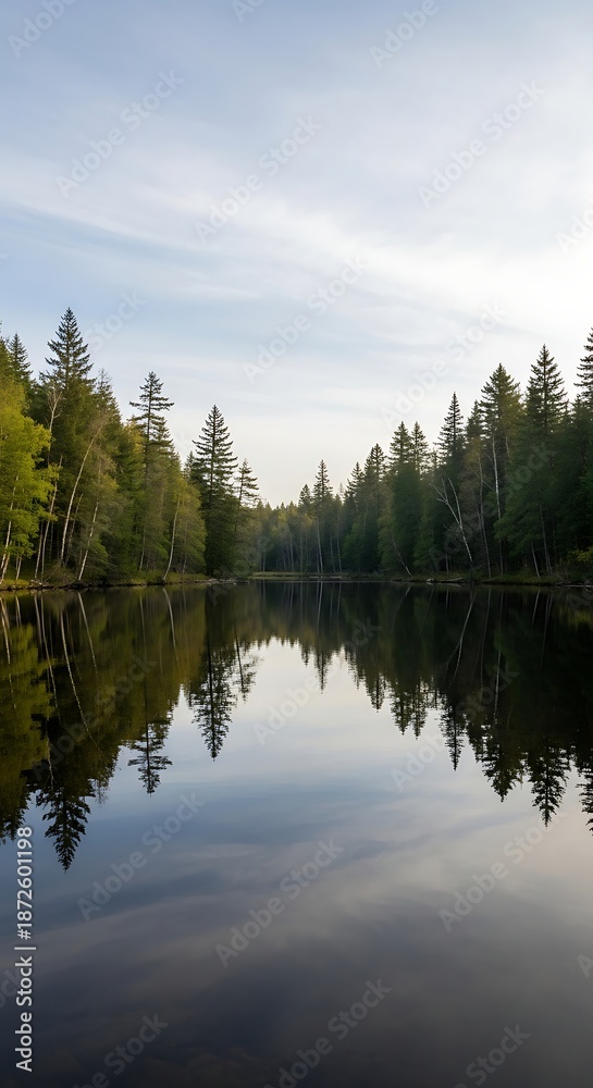 Obraz premium Tranquil lake scene with lush forest and clear reflections under a bright sky