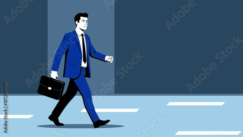 Businessman walking with briefcase, modern professional lifestyle, blue suit, city background
