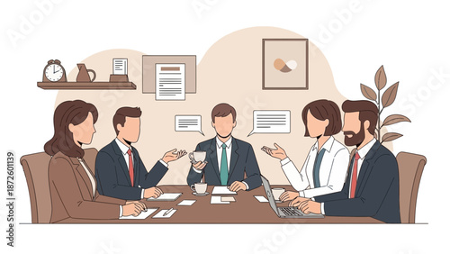 Business Meeting Illustration: Diverse Team Collaborating in Office