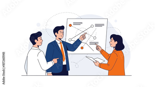 Business meeting, team planning, strategy presentation on whiteboard