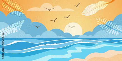Vector drawing of seascape with the setting sun, vacation at sea, cartoon illustration