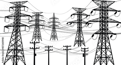 High voltage electric power transmission towers and distribution poles silhouette, energy infrastructure overhead lines, industrial electricity grid network landscape, 