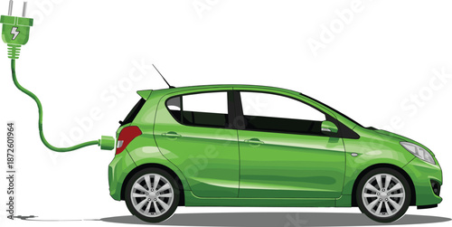 Green electric car charging with power plug illustration representing eco friendly transportation sustainable energy electric vehicle concept vector design