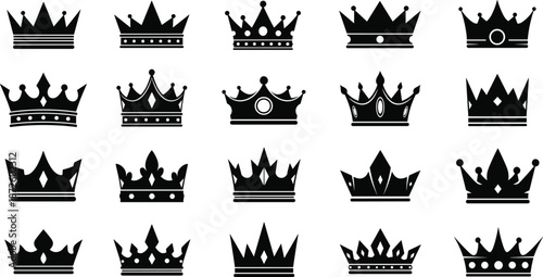 Black crown icon collection featuring royal symbols king queen luxury heraldic emblems minimal flat vector illustration set