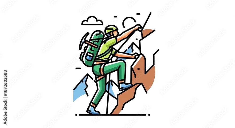 Fototapeta premium Climber Ascending Mountain with Backpack Illustration.