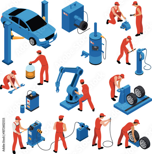 Isometric auto repair workshop vector illustration showing mechanics servicing cars with tools machinery maintenance equipment industrial garage scene design concept