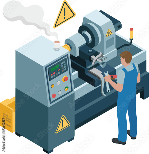 Isometric CNC lathe machine illustration with operator performing metal machining industrial manufacturing safety equipment vector factory engineering process technology workflow