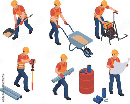Isometric construction workers illustration showing laborers using tools wheelbarrow machinery safety gear for road building maintenance vector concept design set