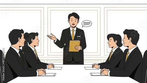 Business Meeting Presentation: Speaker Addresses Colleagues Around Conference Table