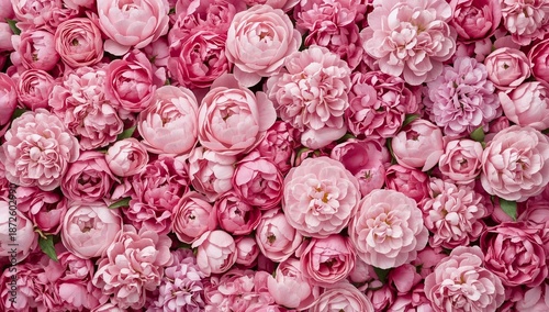 A vibrant and densely packed floral arrangement featuring a beautiful assortment of pink peonies and roses, creating a romantic and lush natural background texture