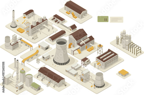 Isometric industrial factory complex illustration showing power plant buildings manufacturing infrastructure energy production technology engineering vector design layout