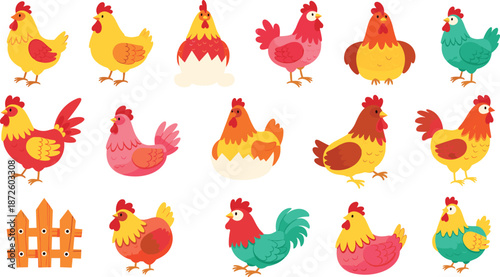 Colorful cartoon chicken and rooster characters vector set farm poultry animals cute illustration collection kids design playful rural barnyard artwork