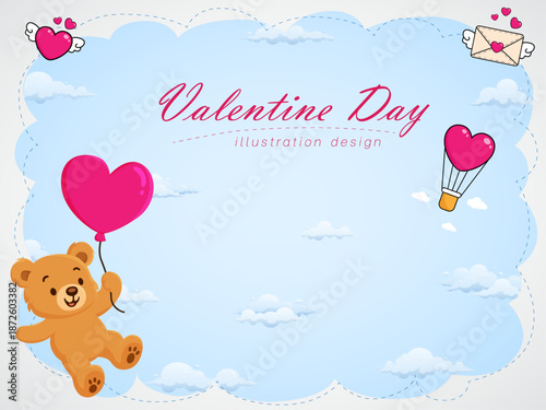 teddy bear with balloon love character love heart blue sky poster valentine illustration design