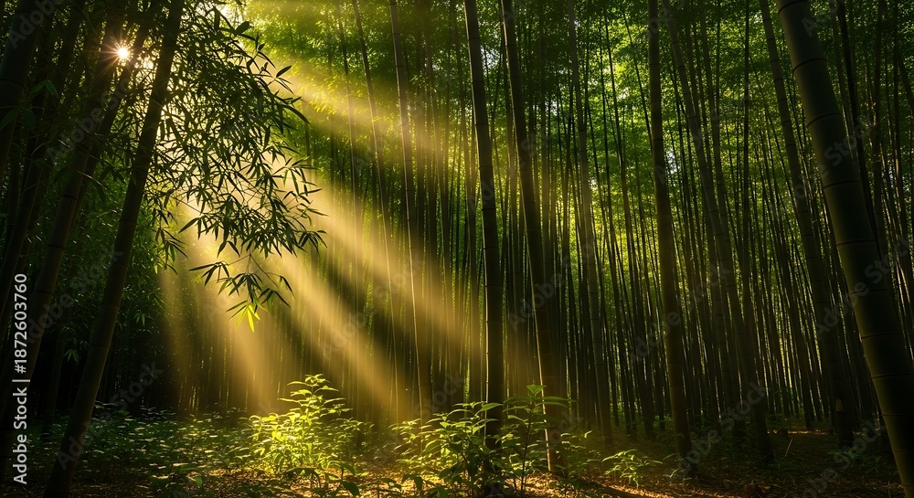 Obraz premium Sunlight filtering through bamboo forest trees.