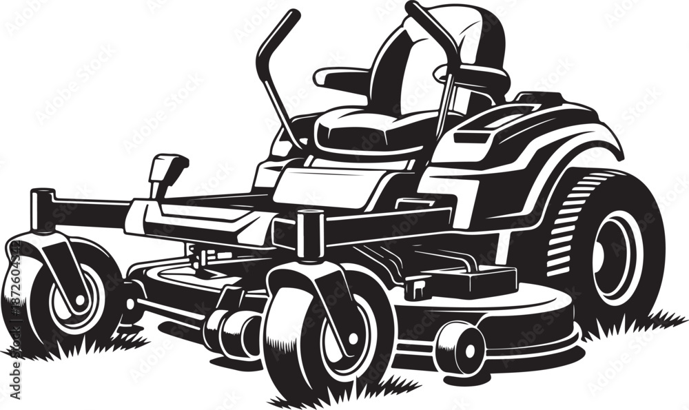 Obraz premium Riding lawn mower tractor monochrome vector illustration for landscaping gardening and professional lawn care maintenance services