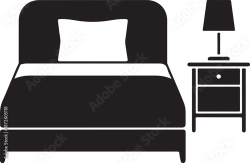 Comfortable large bed frame mattress pillow blanket linens nightstand bedside table lamp sleeping relaxation furniture interior silhouette icon set