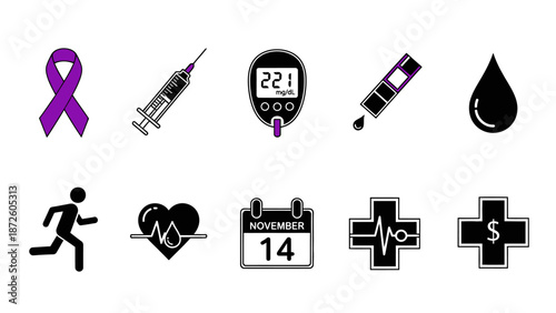 Medical Healthcare and Diabetes Awareness Icons Set Black Symbols Collection