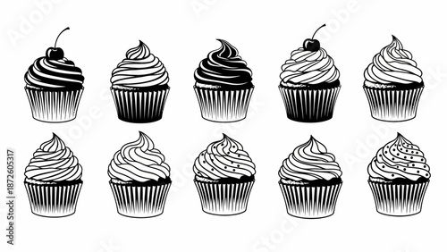 Cupcake Silhouette Set Black and White Vector Collection with Frosting and Cherry