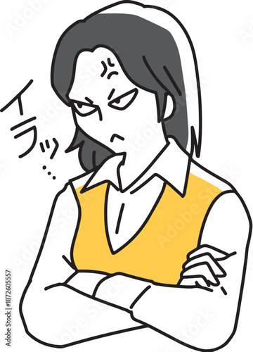 腕を組んで斜め上を睨みつける女性